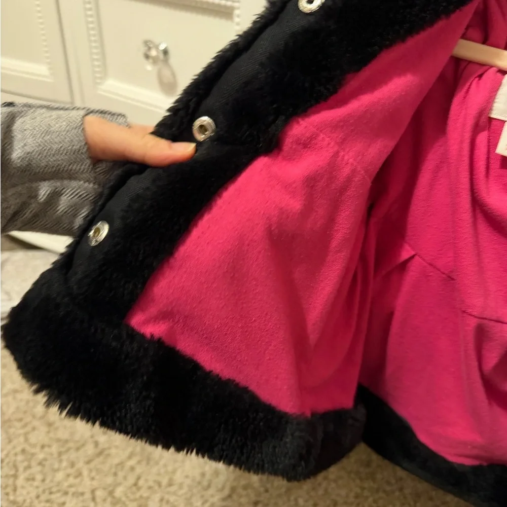 Cat & Jack Toddler Girl Faux Fur Hooded Jacket - Black and Pink 2T